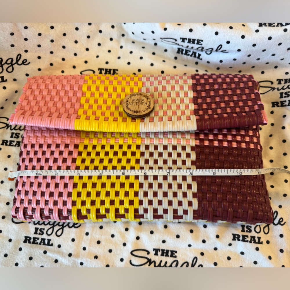 Maria Victoria Pink Yellow white maroon plastic weaved clutch  magnetic clasp